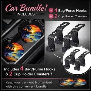 4 Car Purse/Bag Hooks & 2 Coasters Bundle